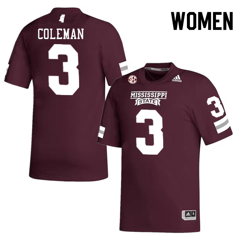 Women #3 Kevin Coleman Mississippi State Bulldogs College Football Jerseys Stitched-Maroon